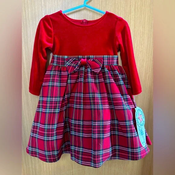 Swea Pea & Lilli Red Stretch Velvet w/ Plaid Dress - Size: 12-18 Months | Pink Princess